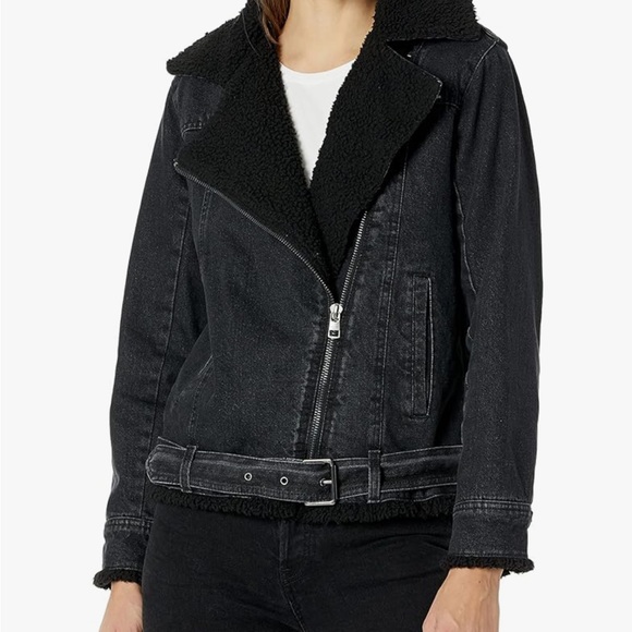 Calvin Klein Women’s Sherpa Moto Denim Jacket Black Size Large Casual Streetwear - Picture 5 of 12